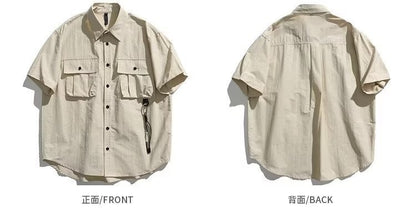Men's Japanese Style Cargo Shirts Vintage Laple Short Sleeve Shirts 2025 Spring Summer Loose Casual Shirt Jacket Male Streetwear