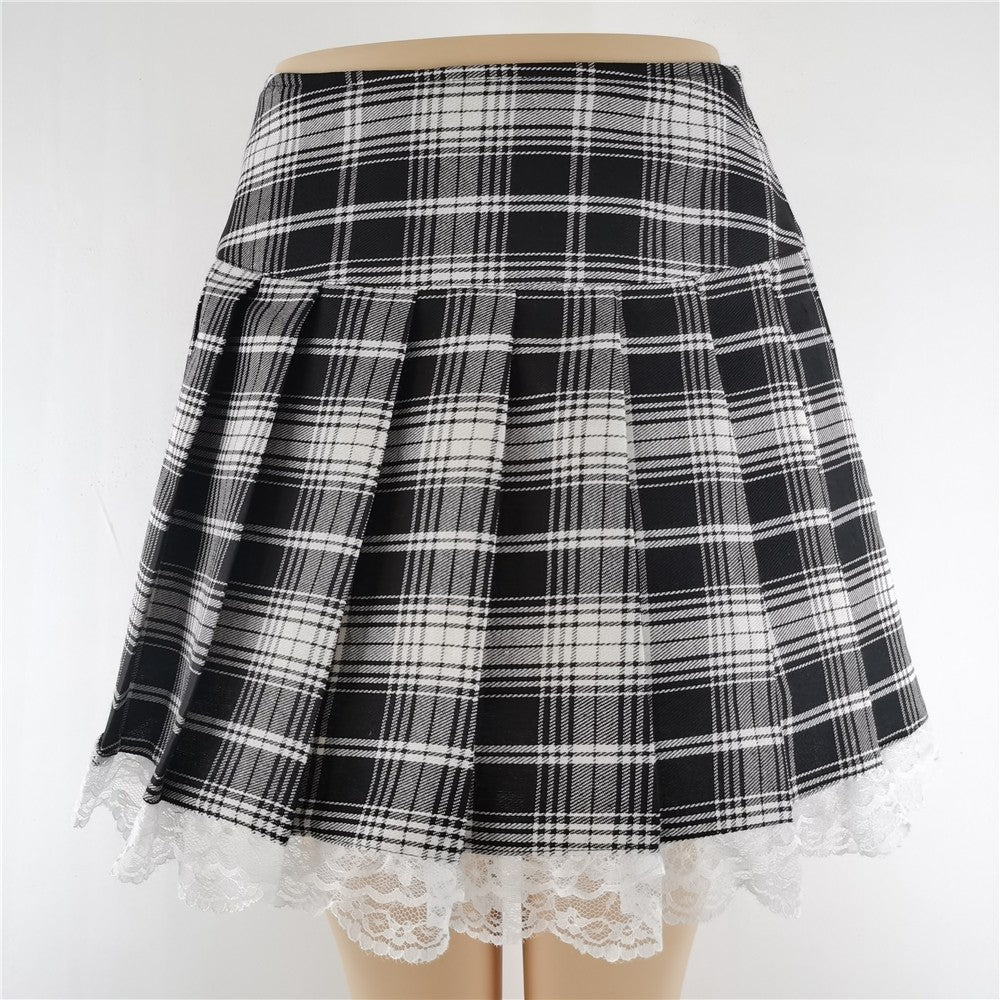 New Contrast Lace Plaid Pleated Skirt Vintage Sexy Skater Clothes Harajuku Gothic Punk England Style Y2k Skirt