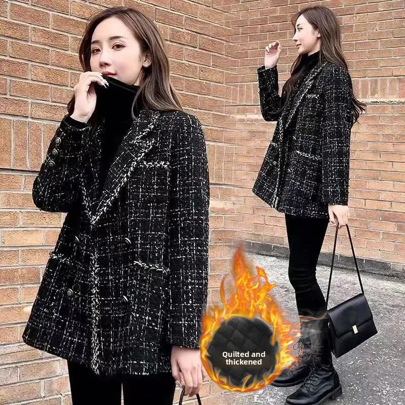 Thickened Cotton Tweed Coat for Women Spring Loose Plaid Outerwear Cozy Style Large Size Patchwork Small Suiting