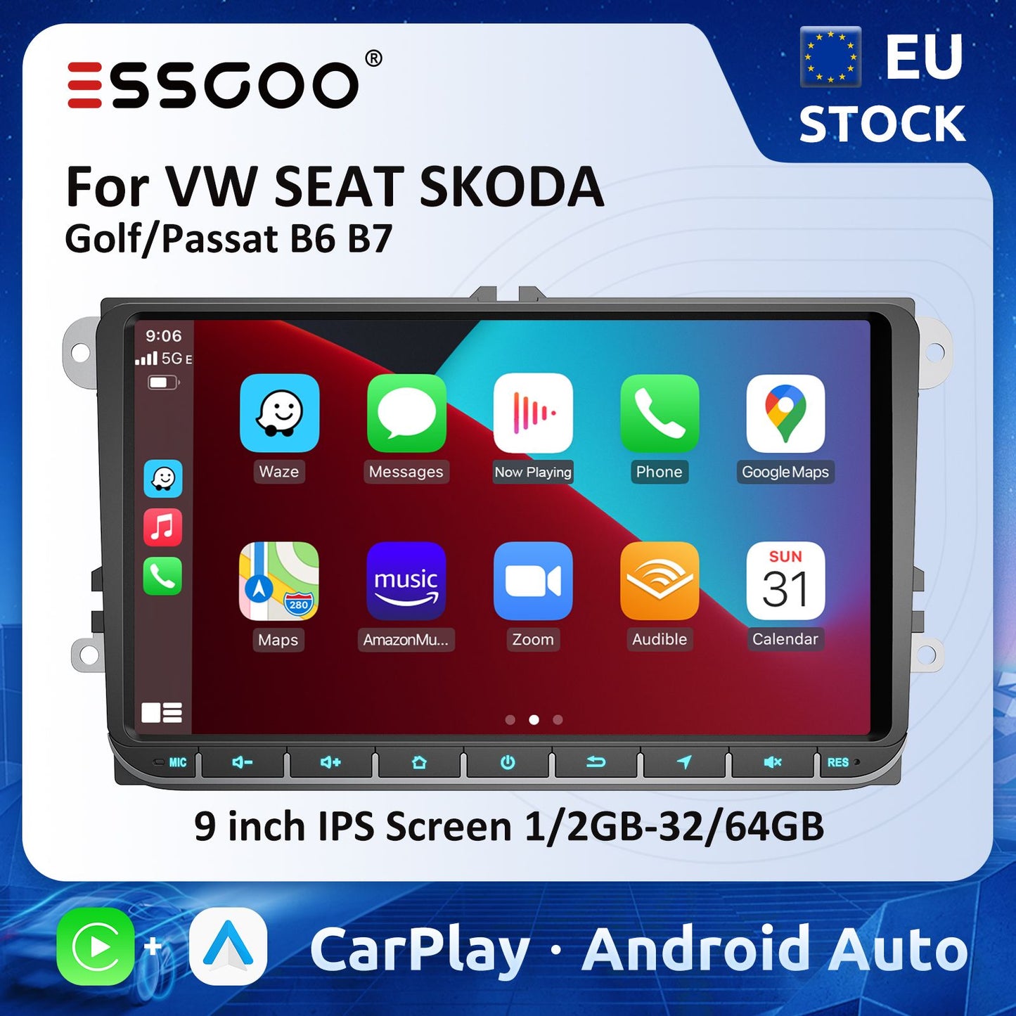 Rádio automotivo ESSGOO 9" Carplay para Volkswagen Golf 5 6 Passat Polo Jetta, Android Auto, multimídia, sistemas inteligentes para carros