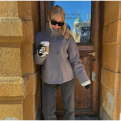 Elegant Stand Collar Woolen Jacket For Women Y2K Single Breasted Button Pockets Coat Lady 2025 Autumn Winter Street Chic Outwear