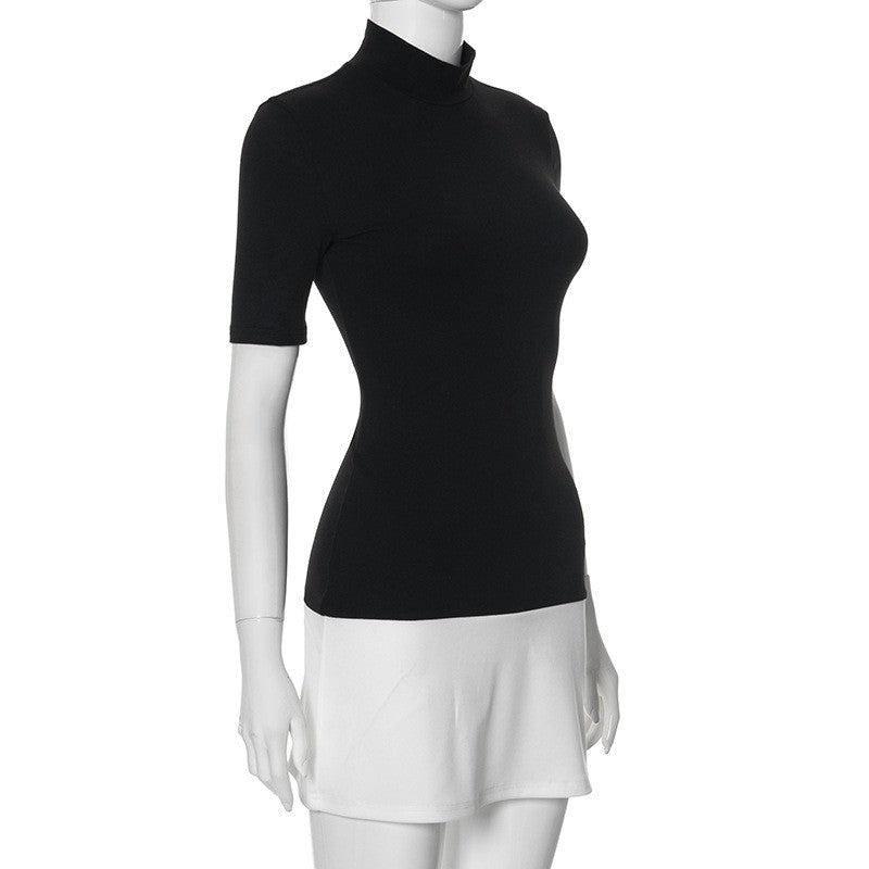 Summer 2025 Turtleneck Half Sleeve Mini Dresses French Style Fashion Elegant Bla