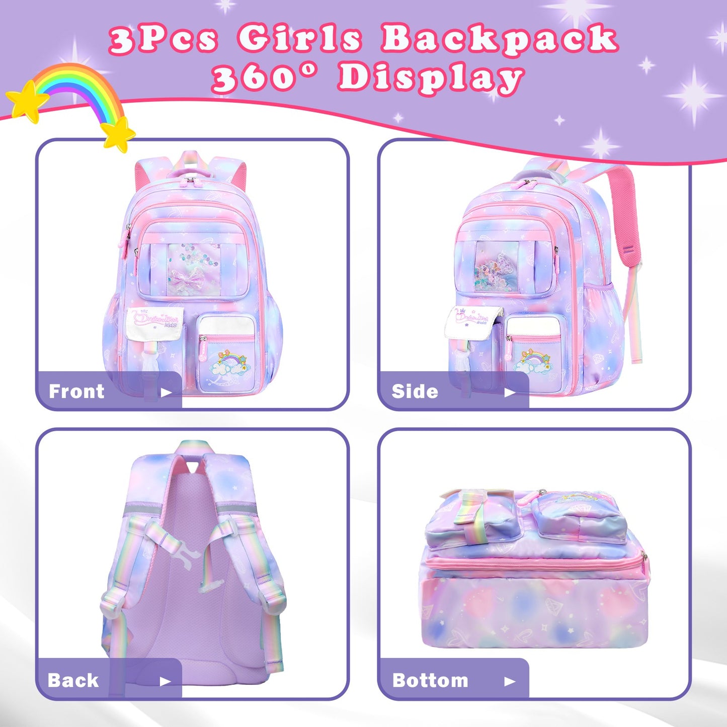 Mochila Escolar Feminina de 3 Peças Grande Capacidade Bolsa Escolar Infantil com Lancheira Estojo Bolsa de Viagem Presente Infantil