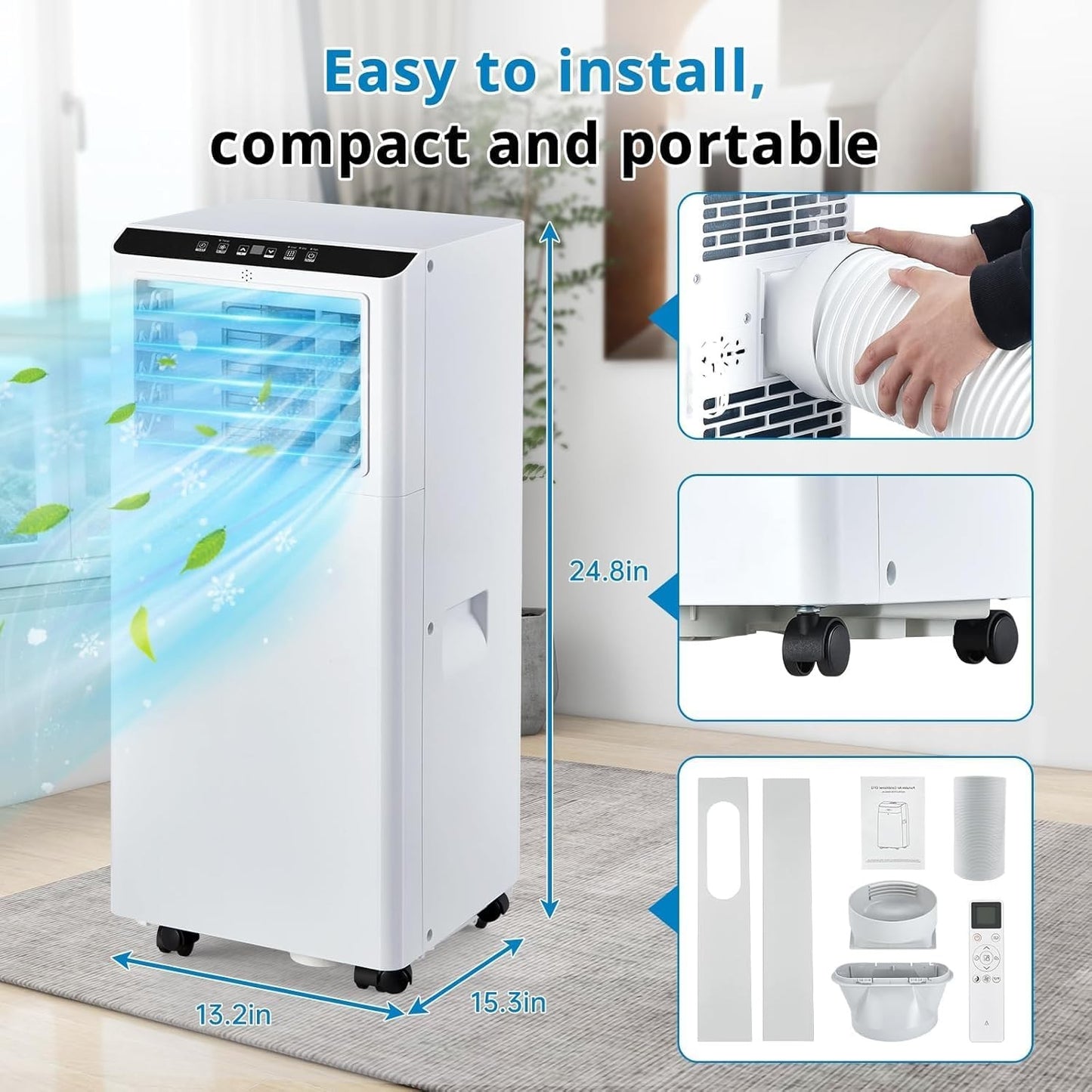 Ar-Condicionado Portátil 8000BTU com Controle Remoto e Timer 24h, Unidade de AC Portátil 3 em 1 de Baixo Ruído com Desumidificador