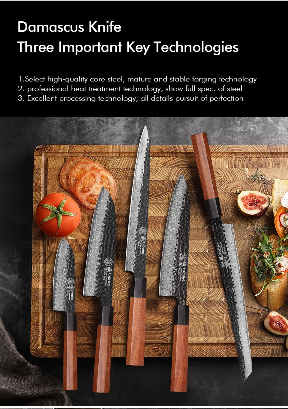 F.YOUNG Faca de Chef Japonesa Forjada à Mão Aço Damasco Facas de Cozinha Fatiar Legumes Carne Sashimi Utensílios de Cozinha