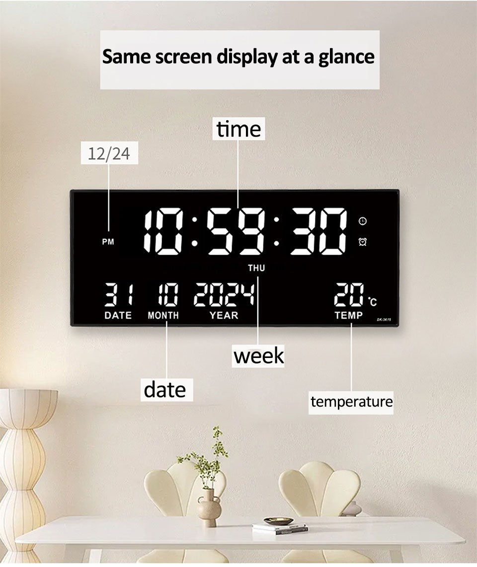 Digital Large Wall Clock Alarm Temperature Date Calendar Display 8 Sets of Alarm Clocks 14'' Electronic LED Clock Plug in Use