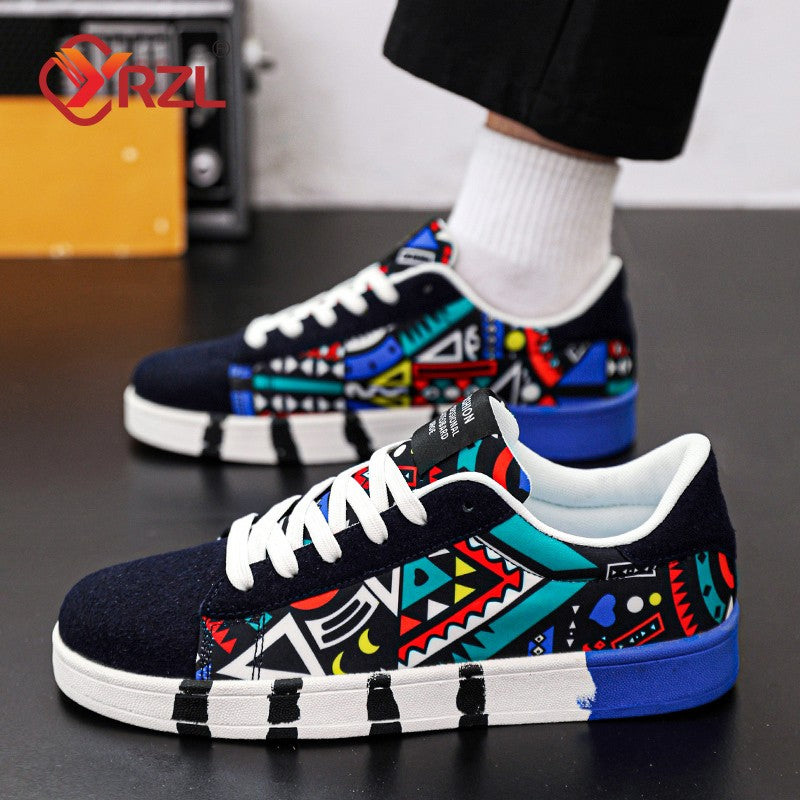 YRZL Men's Sports Running Shoes Canvas Geometric Style Lace-Up Sneakers Couples' Fashionable Graffiti Print Skate Shoes Men
