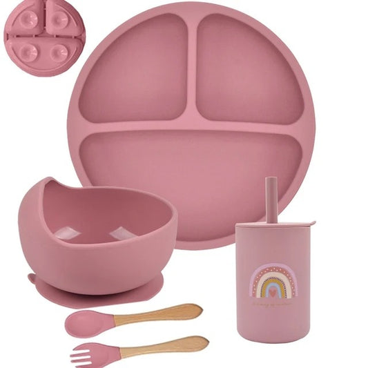 5P Baby Silicone Tableware Set Lid Divided Plate With Suction Bowls Straw Cup Wood Spoon Fork for Toddler Feeding Training Plate