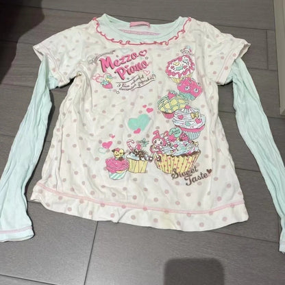 Lolita Print Tops Bow Cake Blouse Y2K JK Lolita Japan Kawaii Girl Cute Sweet Lace T-shirt A-line Spliced Cake Skirt New Chic