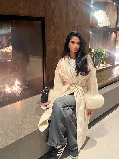 Elegant Faux Fur Cuffs Woolen Coat With Belt For Women Fashion Lapel Long Sleeve Lace Up Maxi Jacket Lady 2025 Autumn Outerwear