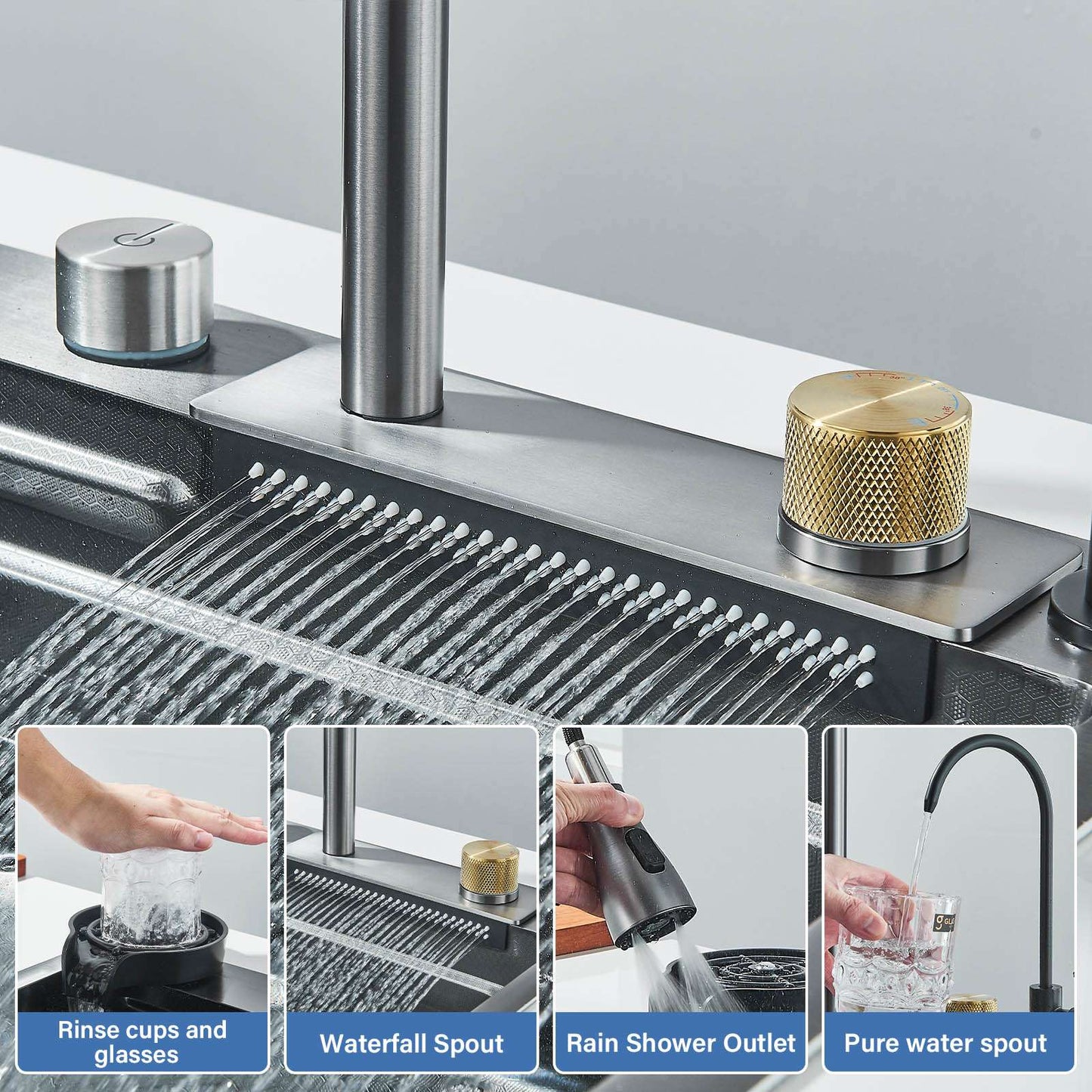 304 Stainless Steel Waterfall Kitchen Sink Sink Large Single basin With Large Single Slot Sink Above Counter With Cup Disher