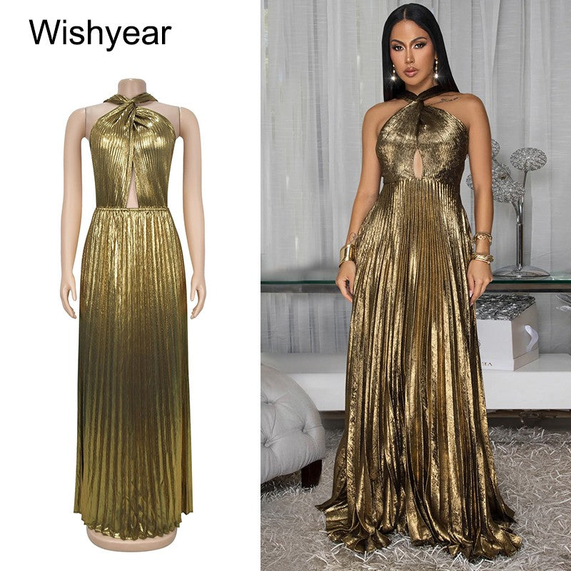 Wishyear Women's Sexy Ruched Patchwork Bodycon Dress Halter Sleeveless Backless for Autumn Birthday Party Evening Christmas Prom