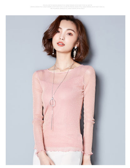 2025 Glitter Mesh Blouse Sexy Womens Shirts Long Sleeve Tops Korean Black Pink O-Neck Elegant Slim Blouse Camisas Femininas