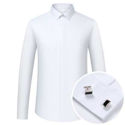Men's Formal Long Sleeve Dressy Shirt Covered Buttons Front Placket Fits Comfortably French Cuffs Shirts Random Metal Cufflinks