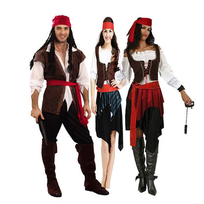 Men Women Female Caribbean Pirates Captain Costume Halloween Cosplay Suit Woman Gothic Medoeval Fancy Dress
