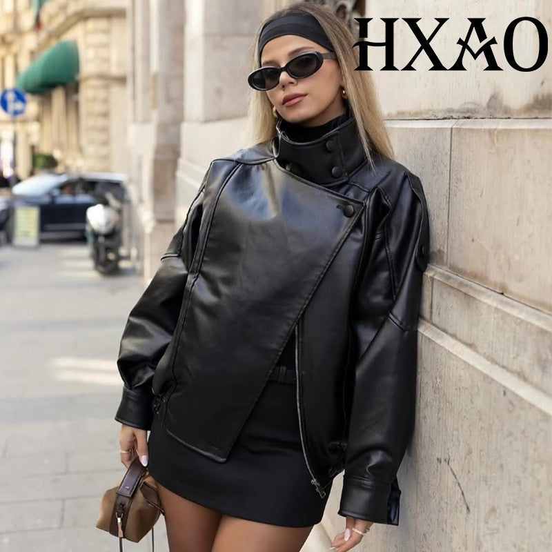 HXAO Faux Leather Jacket Coat Demi-Season Black Bomber Jacket Outerwears Long Sleeve Snap Button Cropped Motorcycle Jacket
