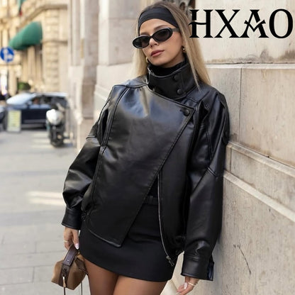 HXAO Faux Leather Jacket Coat Demi-Season Black Bomber Jacket Outerwears Long Sleeve Snap Button Cropped Motorcycle Jacket