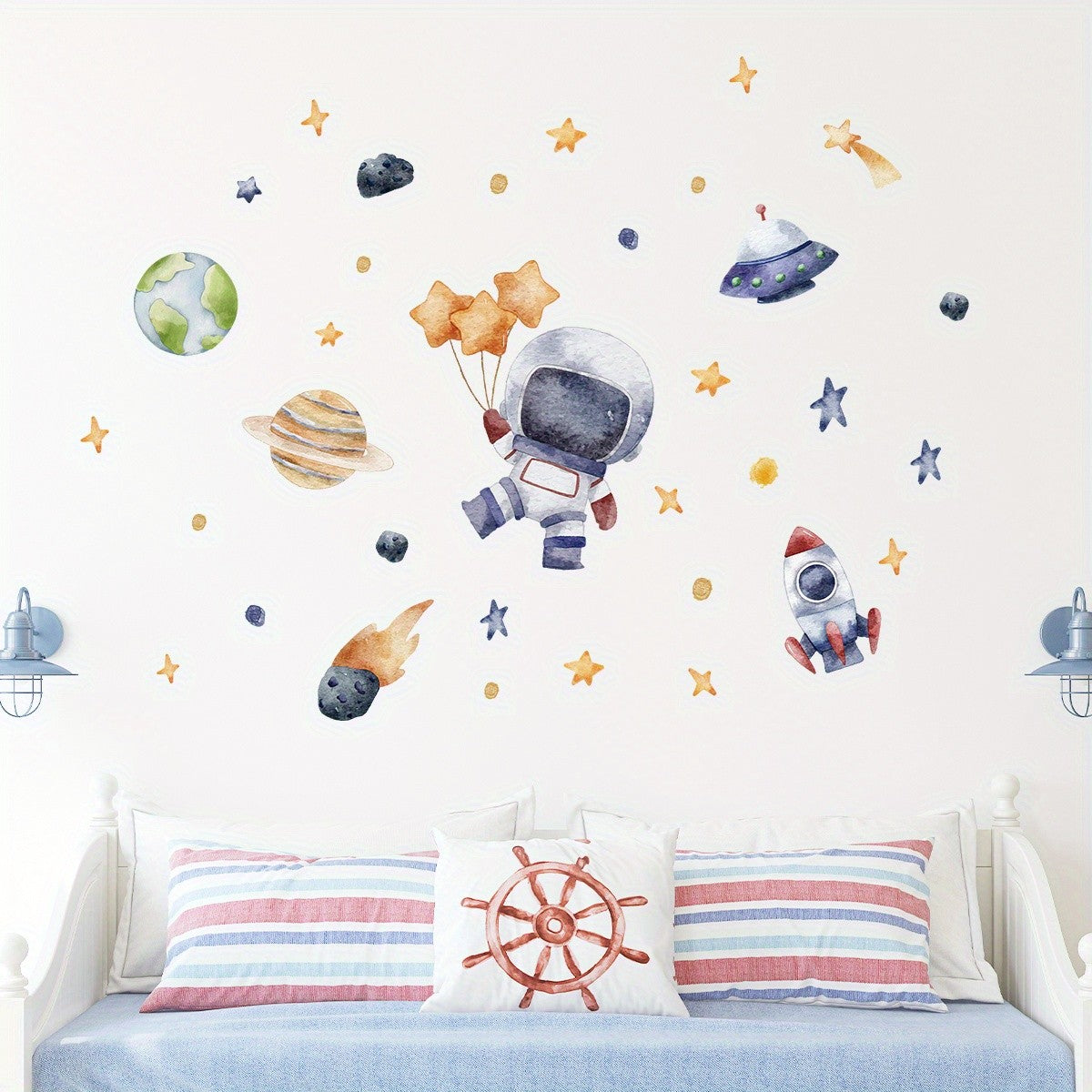 Cartoon Cute Astronaut Spaceship Rocket Planet Star Space Wall Stickers for Bedroom Living Room Nursery Decoration Wall Decal