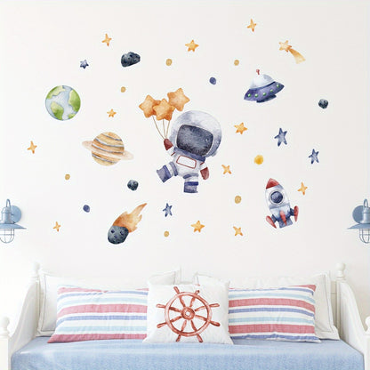 Cartoon Cute Astronaut Spaceship Rocket Planet Star Space Wall Stickers for Bedroom Living Room Nursery Decoration Wall Decal