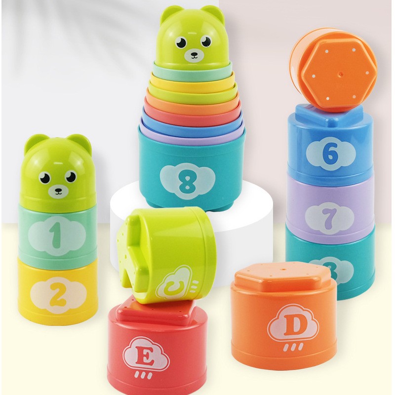 9PCS Copos Divertidos Arco-Íris Empilháveis Letras Figuras Brinquedo Educacional para Bebês e Crianças Torre de Empilhar Mini Urso Brinquedos para Crianças e Bebês