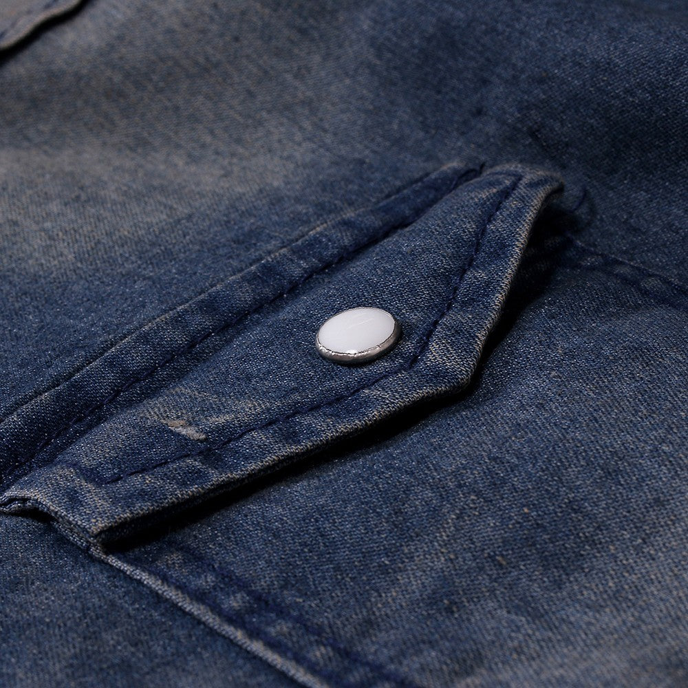 Men Denim Shirts Tops Shirt Short Sleeve Button Turn Down Collar Single Breasted Slim Fit Solid Simple Casual Splice Top 2024