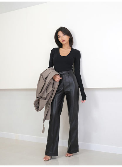 Lautaro Spring Autumn Long Black Soft Pu Leather Pants Women with Zipper High Waist Casual Elegant Straight Leg Trousers 2022