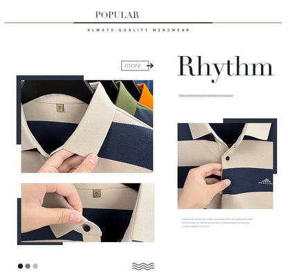 Unique stripe color blocked long sleeve polo shirt men high-end trend brand letters embossed spring autumn new comfort T-shirt