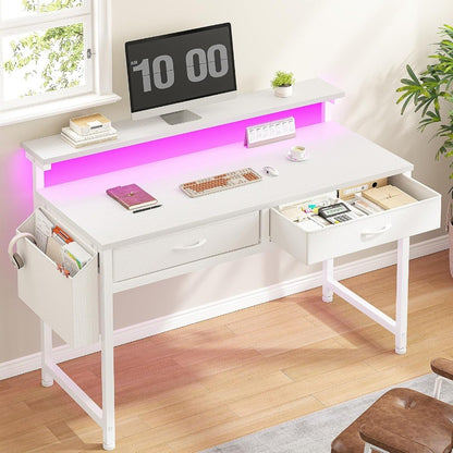 39.4 Inch Computer Desk with 2 Drawers and LED Lights for Small Spaces Home Office Study Writing Table with Side Pocket and Mon
