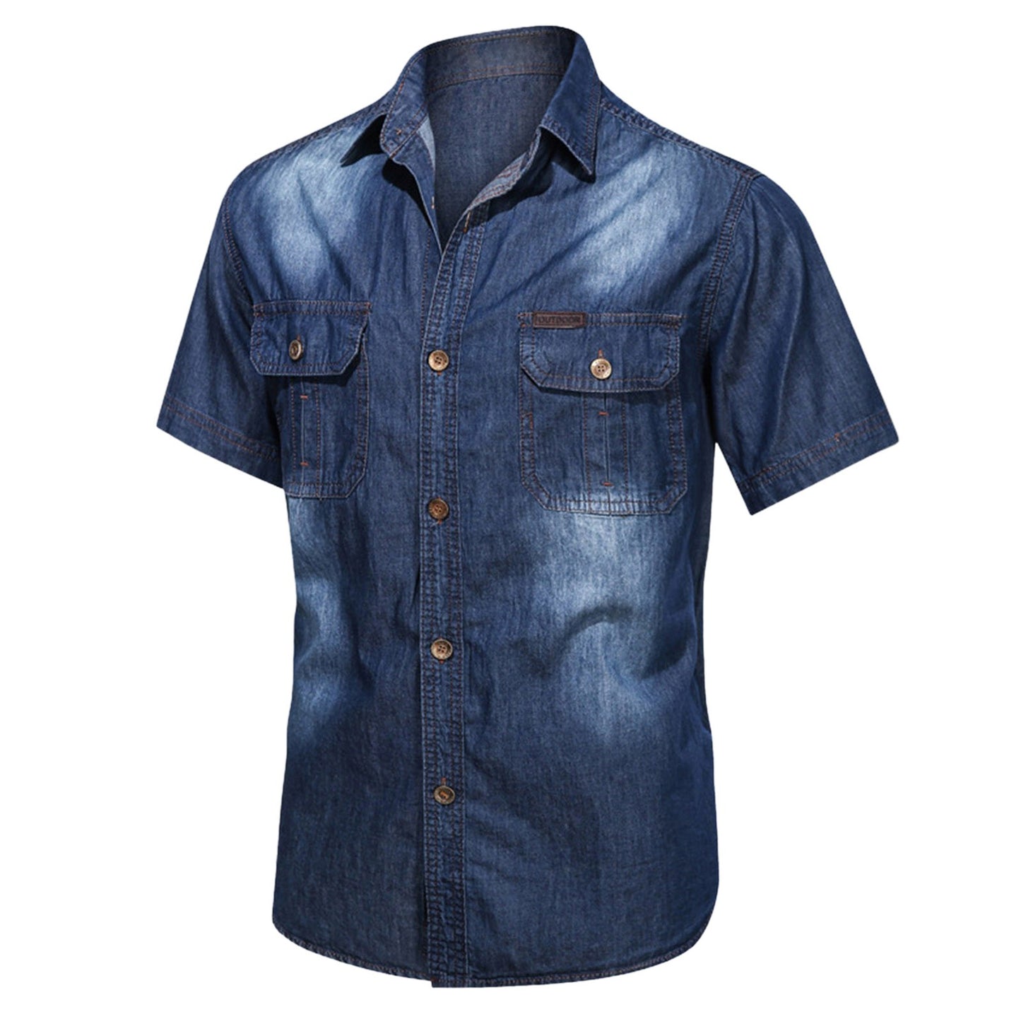 Men's Vintage Denim Cargo Shirts Summer Solid Short Sleeve Lapel Neck Multi Pockets Button Down Thin Casual Temperament Tops