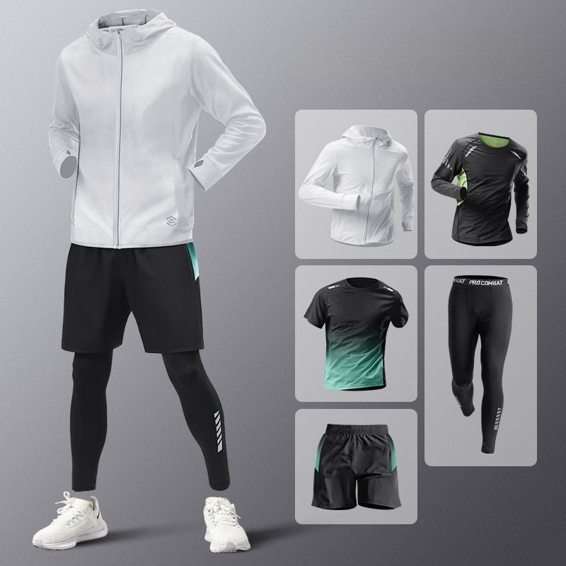 5pcs Men's Lightweight Summer Ice Silk Athletic Set Quick-Dry Running Clothes Outdoor Kit Cycling Fitness Men's Sportswear Set