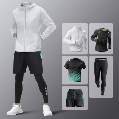 5pcs Men's Lightweight Summer Ice Silk Athletic Set Quick-Dry Running Clothes Outdoor Kit Cycling Fitness Men's Sportswear Set