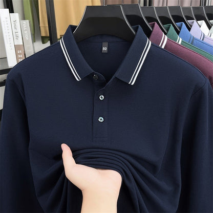 100% pure cotton high-quality long sleeve polo shirt men's autumn new style comfort casual luxury double striped lapel T-shirt