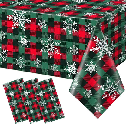 3PCS/Set Disposable Christmas Snowflake Tablecloth Plastic Red Green Buffalo Plaid Table Cover for Christmas Holiday Party Decor