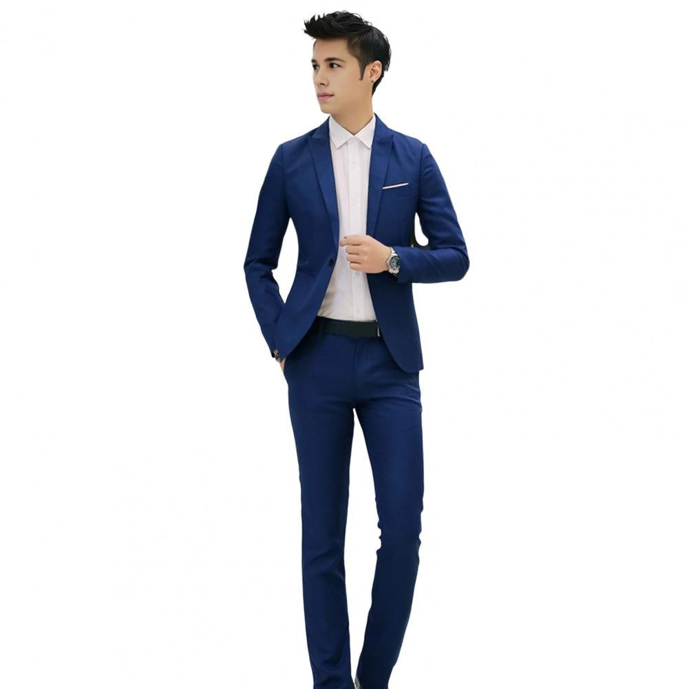 2Pcs/Set Men Slim Fit Suit Set Lapel Long Sleeve Single Button Suit Coat Mid-rise Long Pants Set Solid Color Business Outfit