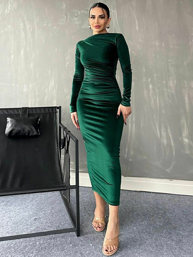 Dulzura 2024 Spring Summer Velvet Long Sleeve Midi Dress For Women Ruched Long D
