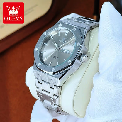 OLEVS Men's Watches Luxury Fashion Fine Steel Original Quartz Wristwatch for Man Waterproof Luminous Date Week Trend Dress 3726