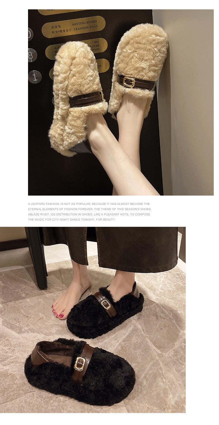 Women Warm Fur Flats Shoes 2025 Autumn Winter Vintage Fashion Shallow Mouth Buckle Ladies Comfort Loafers Shoes Zapatos Mujer