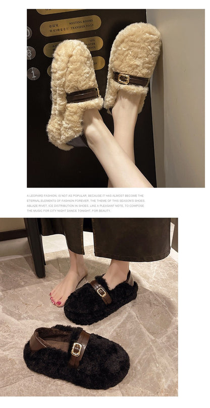 Women Warm Fur Flats Shoes 2025 Autumn Winter Vintage Fashion Shallow Mouth Buckle Ladies Comfort Loafers Shoes Zapatos Mujer