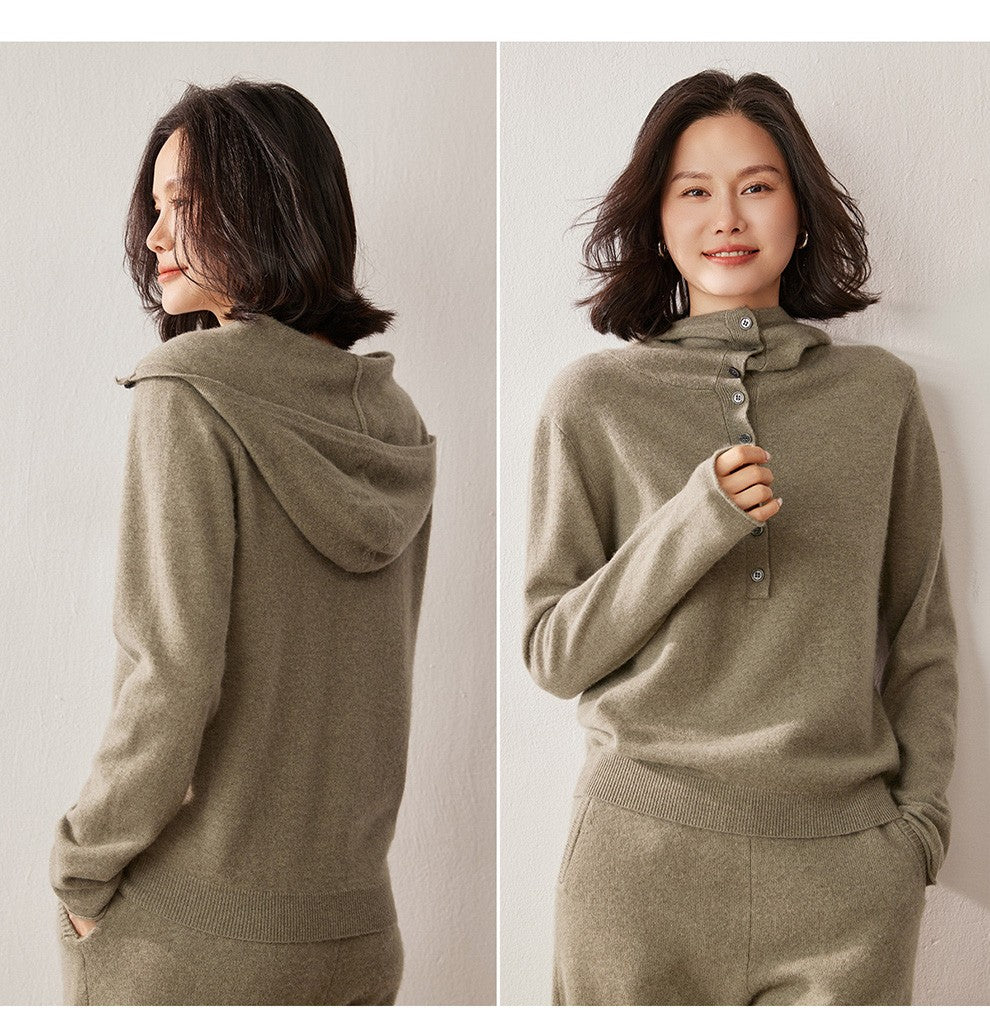 Autumn Winter New 100% Pure Cashmere Women Half Open Front Hoodie Set Knitted Two Piece Pullover Knitwear Wide Leg Pants