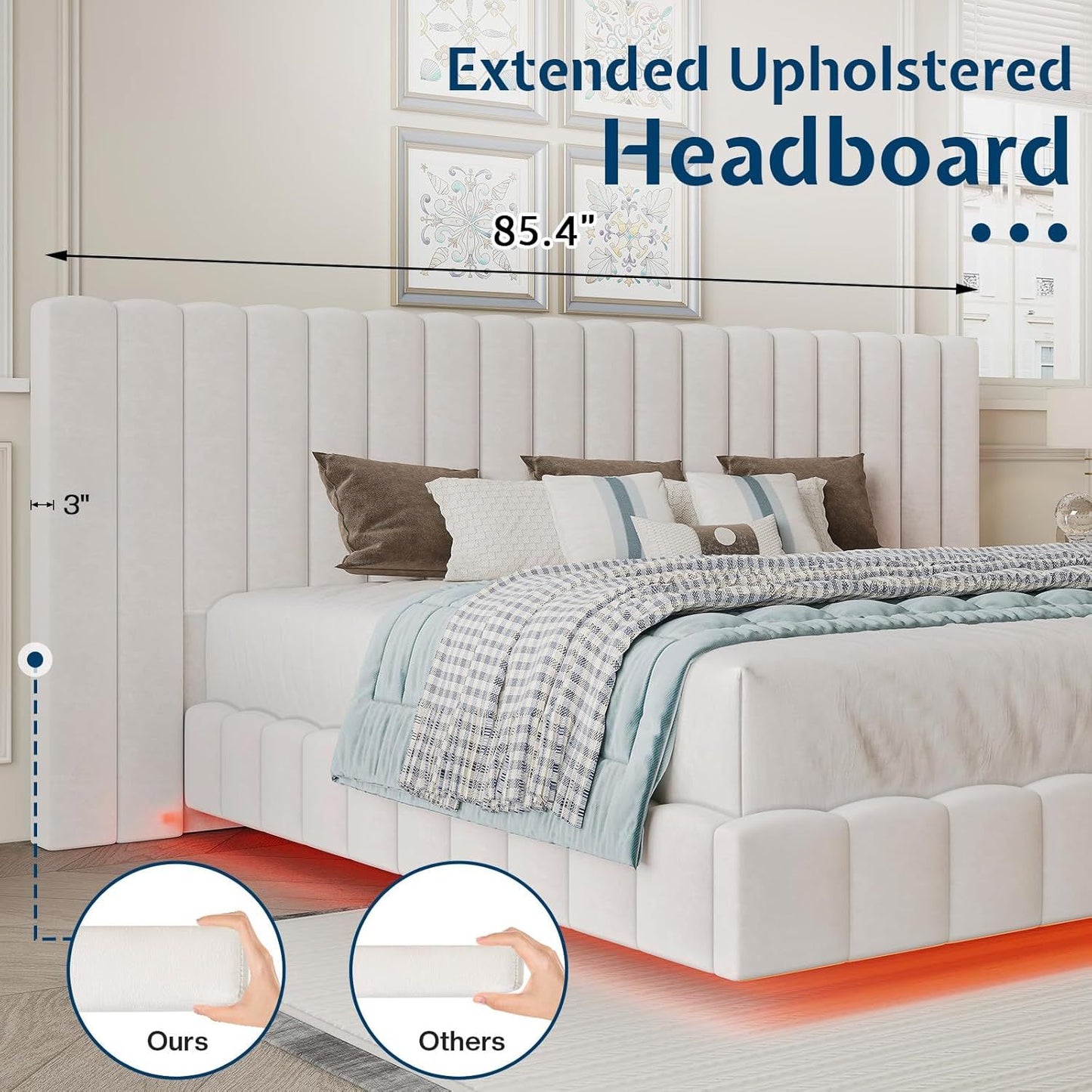 Cama Queen com Luzes de LED e Cabeceira Estofada Grande, Plataforma Moderna de Veludo com Design Flutuante, Não Precisa de Box