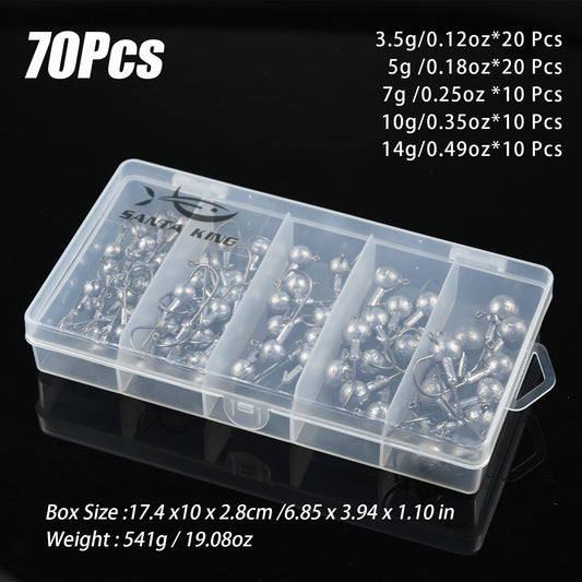 SantaKing 33/70Pcs Jig Heads Fishing Hooks Crappie Jigs Unpainted Jig Heads Round Ball Sharp Fishing Jigs Hooks