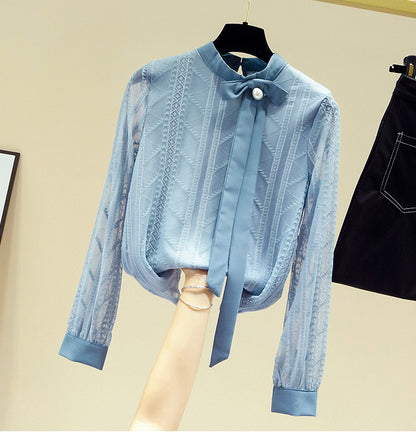 Women Blouse Shirt New Long Sleeve Stand Collar Elegant Lace-up Blouse Shirt Women Tops Blouses Shirts Blusas Camisas 2025 Q687