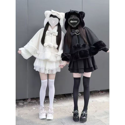 2025 Winter New Lolita Shawl Overcoat Women Design Bow Hooded Patchwork Kawaii Cope Coat Female Warm Chic Sweet Christmas Coat
