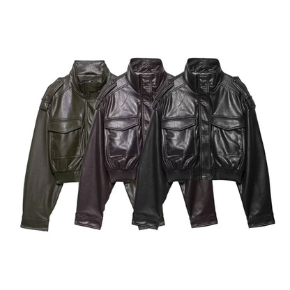 HH Women Large Front Pocket Jacket Vintage Solid Turtleneck Long Sleeve Zipper Faux Leather Jacket Fashion High Street Lady Coat