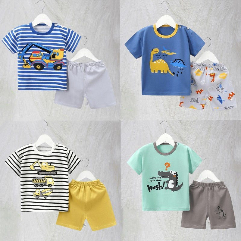 Cotton Pajama Cartoon T-Shirt+Shorts 2-Piece Clothing Set Kids Summer Baby Boys Girls Stripe Casual Tracksuit Clothes Suit 0-6 Y