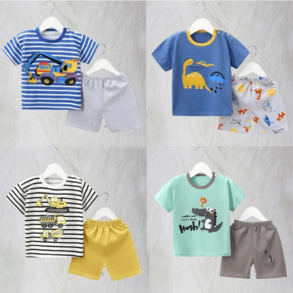 Cotton Pajama Cartoon T-Shirt+Shorts 2-Piece Clothing Set Kids Summer Baby Boys Girls Stripe Casual Tracksuit Clothes Suit 0-6 Y