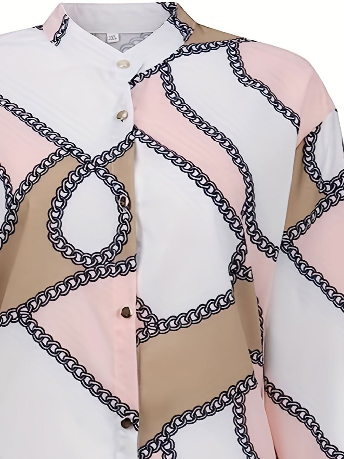 Plus Size Casual Top, Women's Plus Colorblock Chain Print Button Up Roll Up Sleeve Round Neck Top