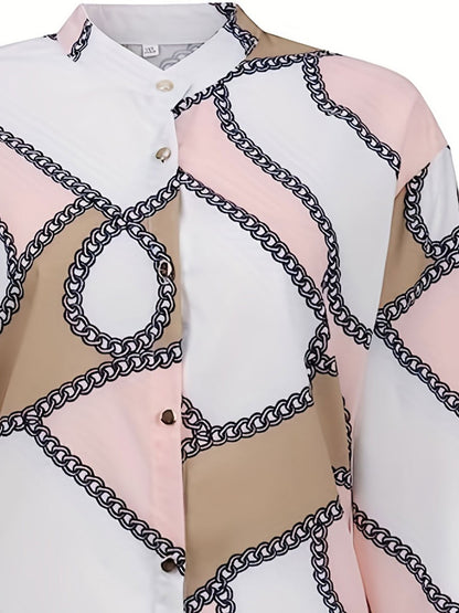 Plus Size Casual Top, Women's Plus Colorblock Chain Print Button Up Roll Up Sleeve Round Neck Top