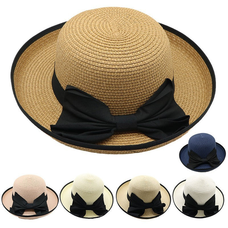 Chapéu de palha feminino de verão, edição coreana, com aba enrolada, elegante, com laço, chapéu de pesca para viagem, proteção solar e sombreamento, chapéu de praia