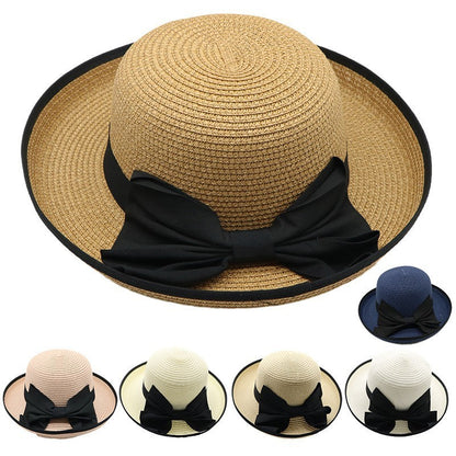 Chapéu de palha feminino de verão, edição coreana, com aba enrolada, elegante, com laço, chapéu de pesca para viagem, proteção solar e sombreamento, chapéu de praia